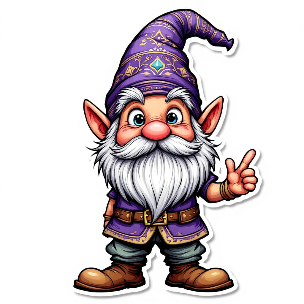 AI generated: A highly detailed full-body cartoon sticker of a whimsical gnome character. The gnome is wearing a v...