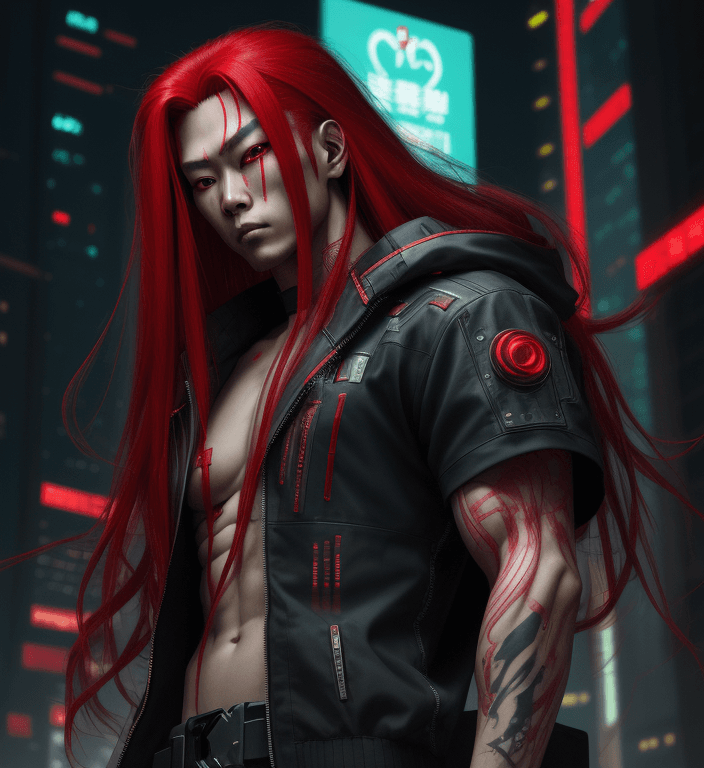 AI generated: Cyberpunk, red long hair asian male with red cyber-eyes