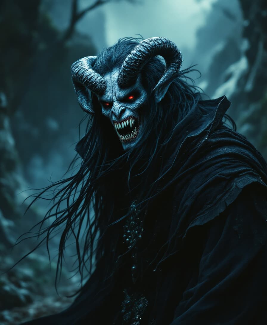 AI generated: male demonic figure with long hair black as a raven, dark robe with intricate details and ornaments,...