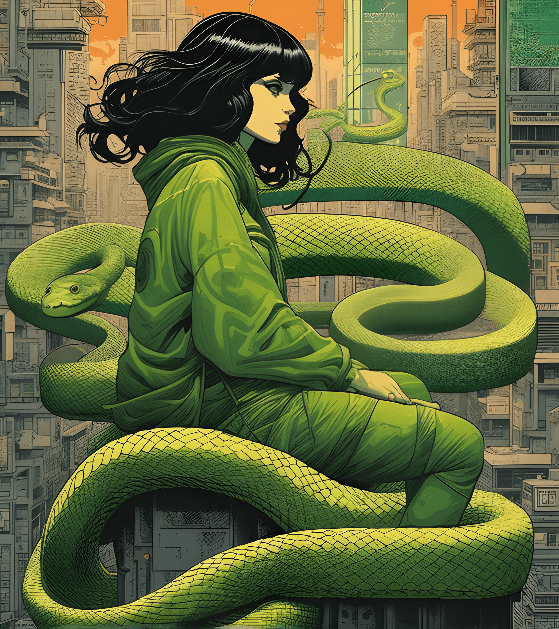 AI generated: art by Katsuhiro Otomo, snake girl, black hair with green at the ends, (Gradient theme:0.7), cyberpu...