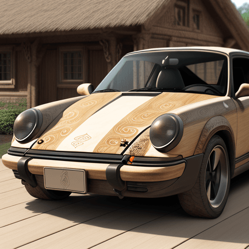 AI generated: a 911 wooden porch car with a vegetable appearance, a hyper-detailed, anthropological realistic repr...