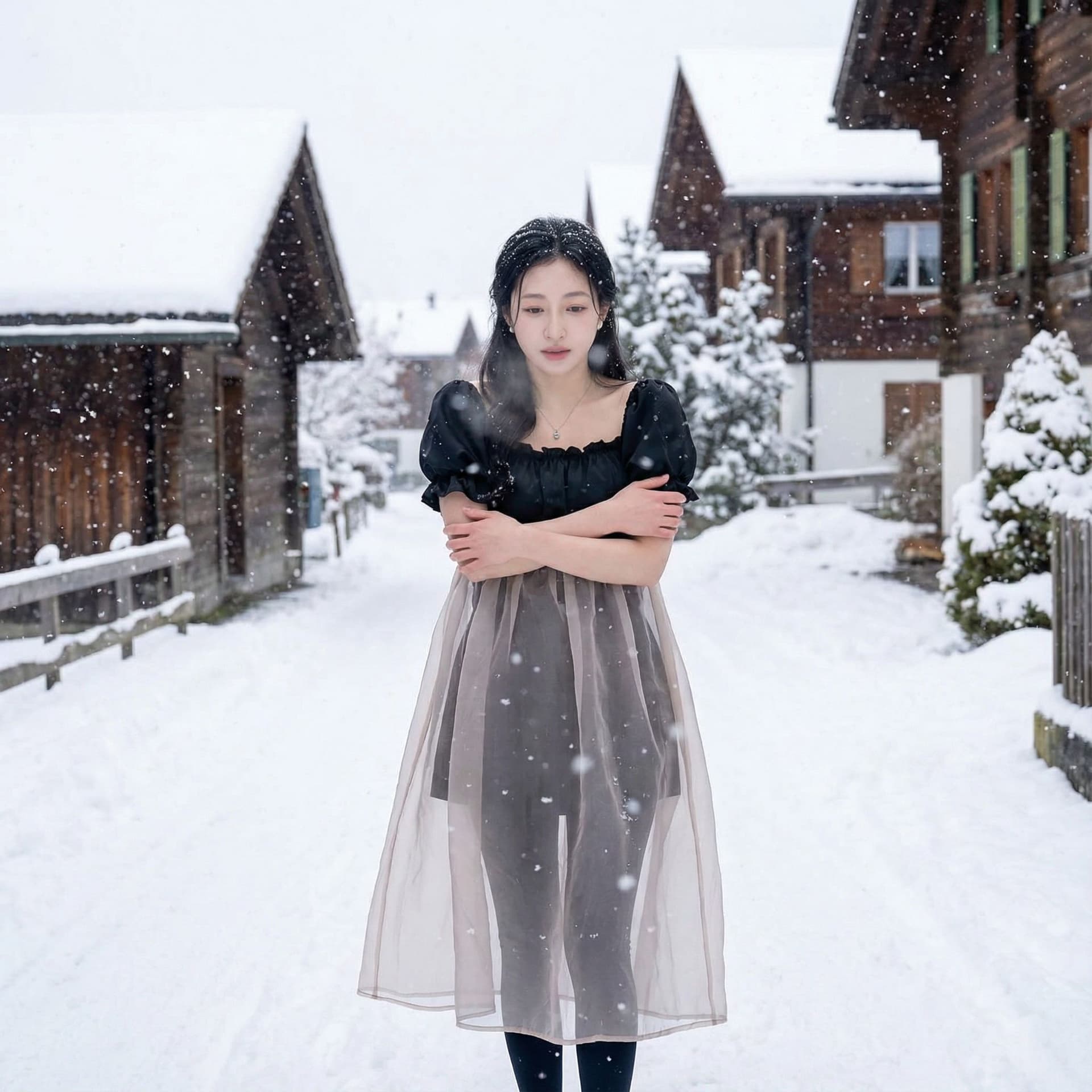 AI generated: She's wearing transparent clothes and walking on the snowfall in village 