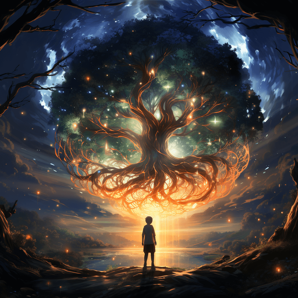AI generated: an anime style artwork with many stars in the heart of a tree, in the style of luminous landscapes, ...