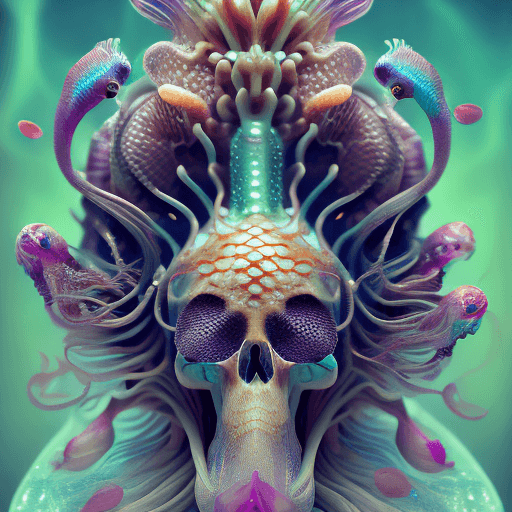 AI generated: Goddess close-up portrait ribcagel. jellyfish phoenix head, nautilus, orchid, skull, betta fish, bio...