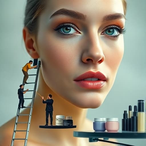 AI generated: A magical scene where tiny makeup artists are standing on a long miniature ladder, applying makeup t...