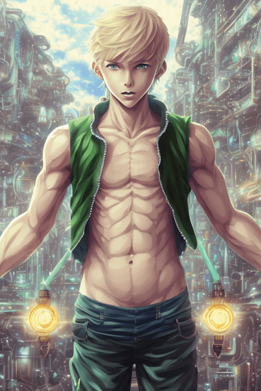 AI generated: game 2d art, image of a young man with light blonde hair, 16 years old, green eyes, white tank top, ...