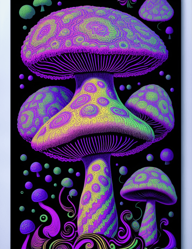 AI generated: velvet Black Light Poster, giant Magic Mushroom, Mandelbrot design, rococo psychedelic background,vi...