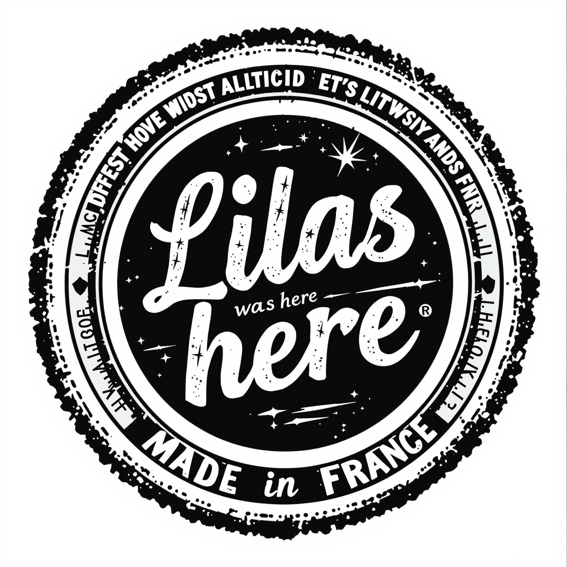 AI generated: create a round logo with "Lilas was here" as text as a stamp of the post black and white the outside...