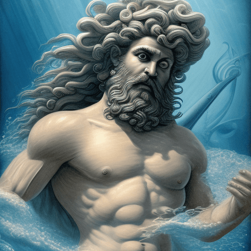 AI generated: God of the sea (greek roman mythology:Poseidon) , churl (muscle body) , In the endless blue sea, A p...