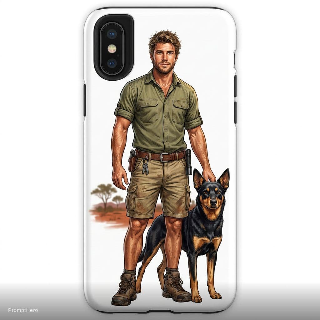 AI generated: Create a striking, realistic illustration for a men's phone case, featuring an Australian man with h...