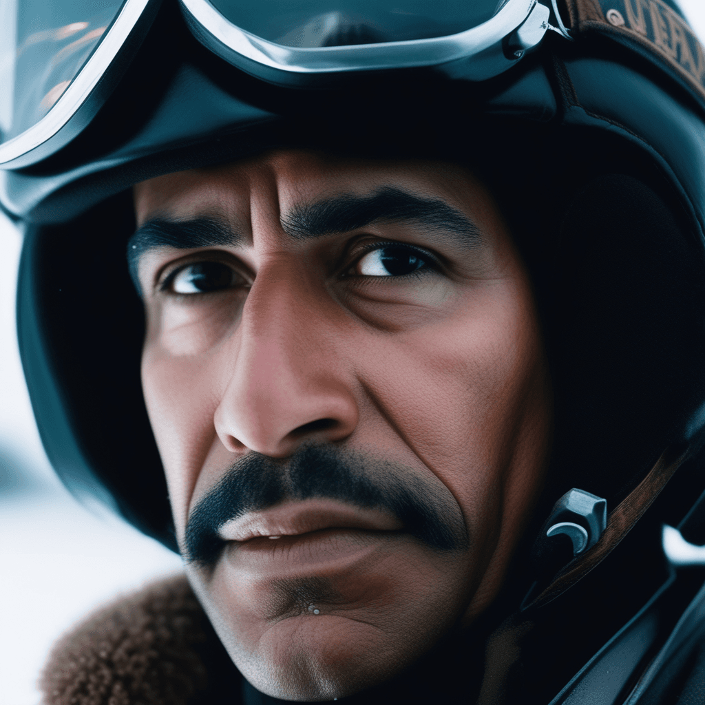 AI generated: A cinematic movie extreme close-up of a Hispanic/Latino pilot in winter, with striking lighting and ...
