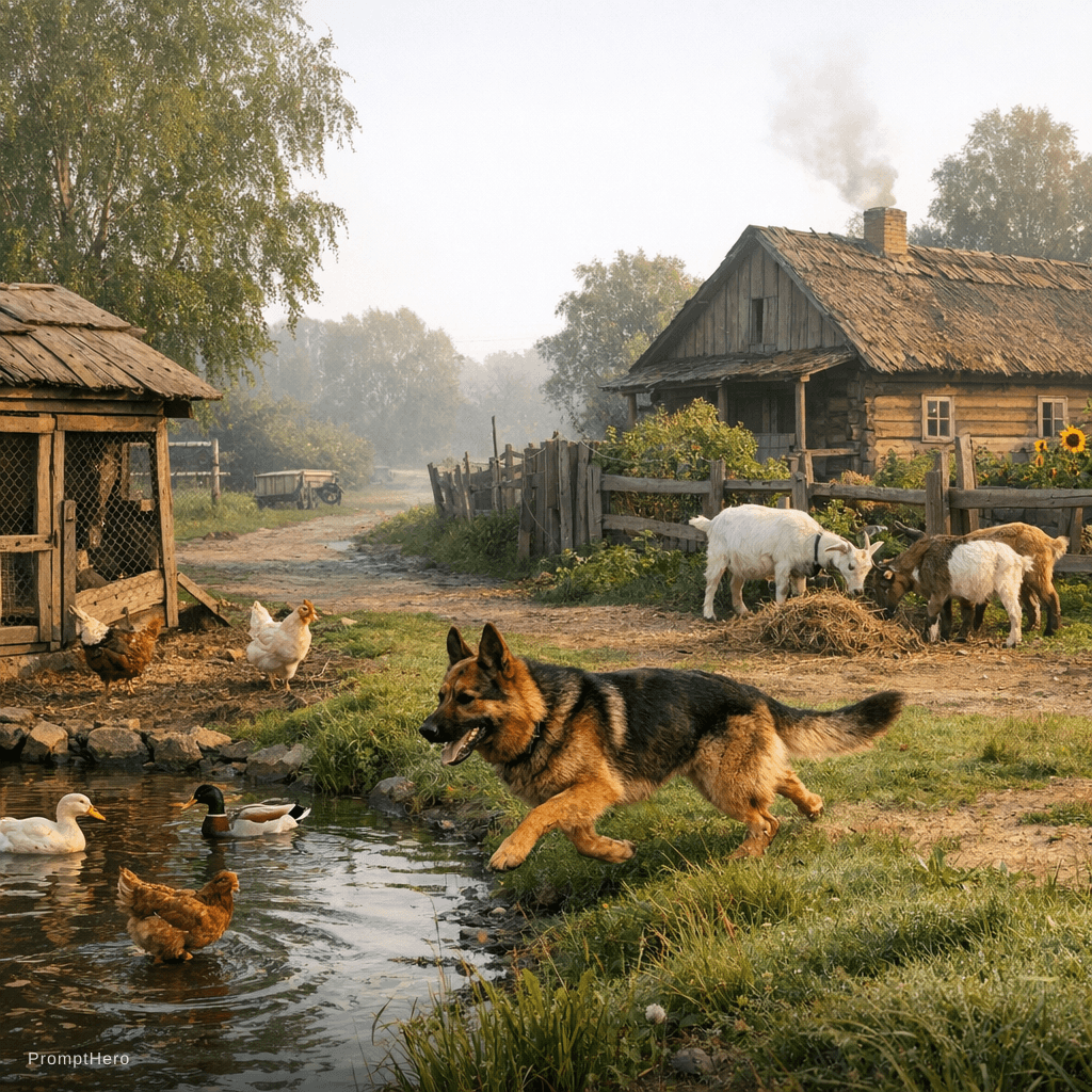AI generated: a normal morning in a village, small village house, chicken coop, chicken and duck in the pond, ther...