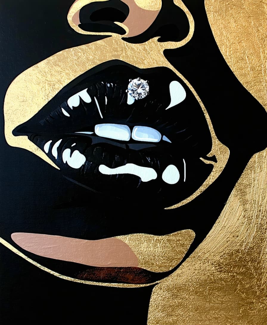 AI generated: afrocentric abstract wall art of a black woman with full glossy voluminous lips & a diamond medusa l...