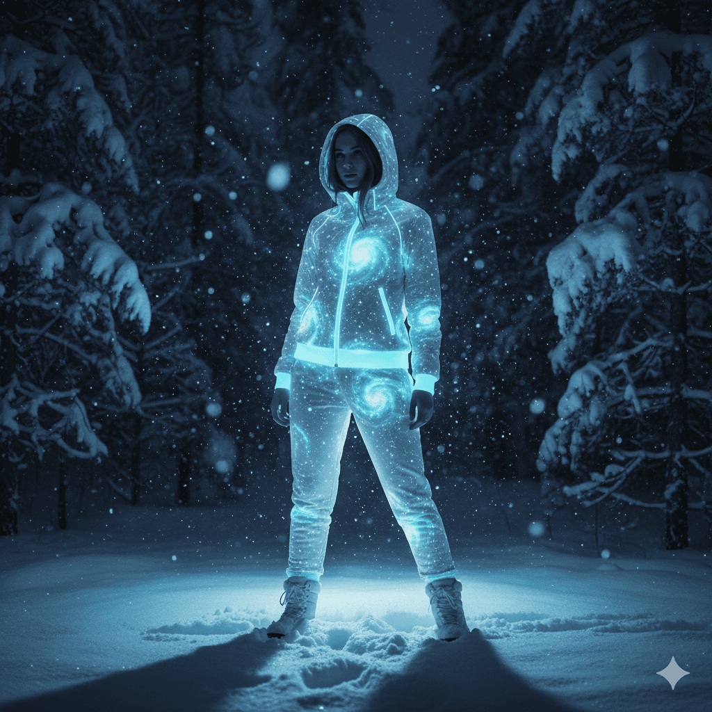 AI generated: "Full-body shot of a young woman in a futuristic, glowing tracksuit standing in a snowy forest at ni...