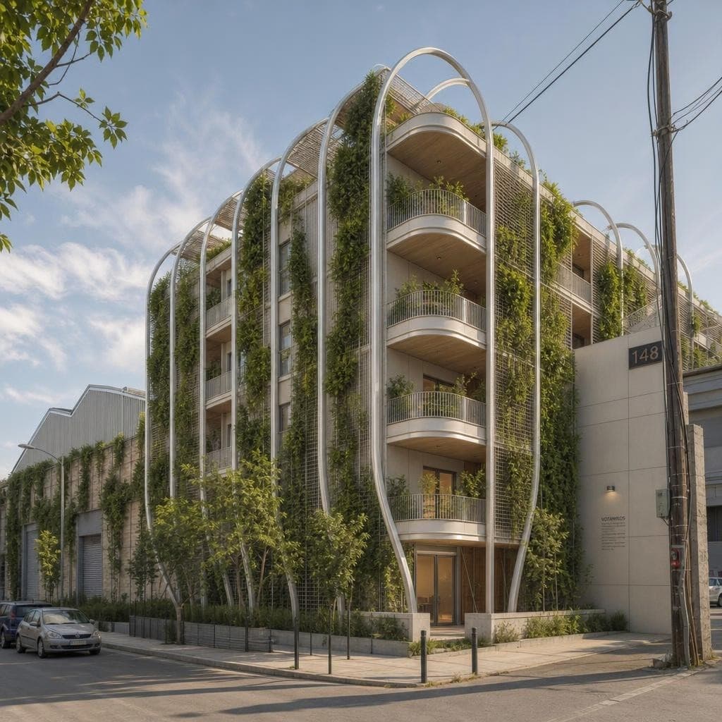 AI generated: Organic minimal residential tower with curved metal ribs forming a soft futuristic exoskeleton. Thin...