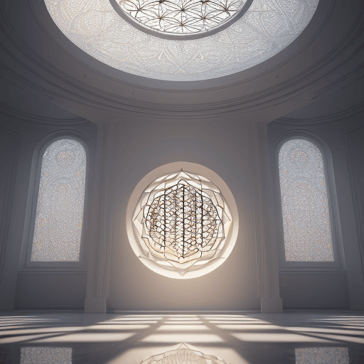 AI generated: architectural building inspired by the flower of life symbol , sunny daylight, in the style of light...