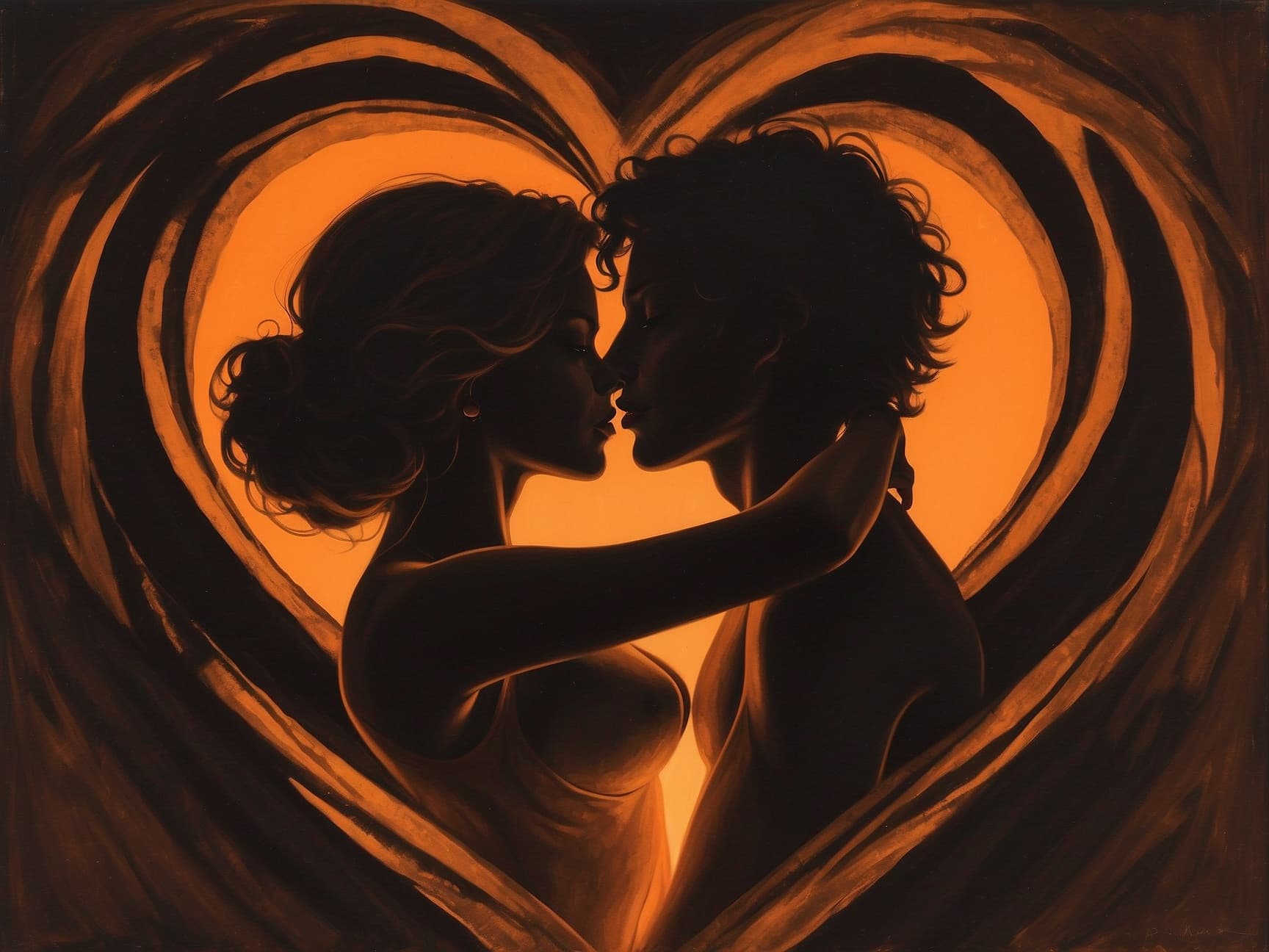 AI generated: Two lovers intertwined in a passionate embrace, their silhouettes illuminated by a warm, orange glow...