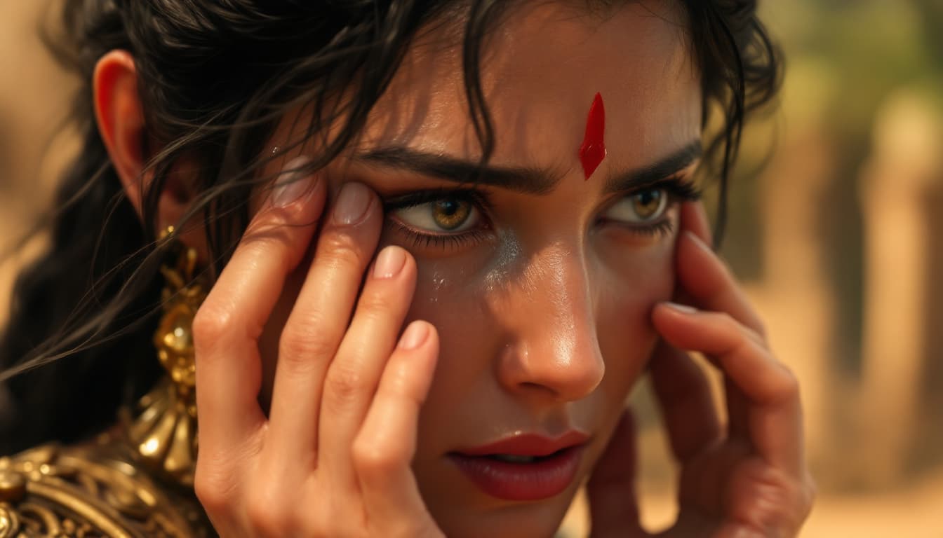 AI generated: Ultra-realistic .Close-up of Yutab’s face as she wipes away her tears, regaining her resolve. [Yutab...