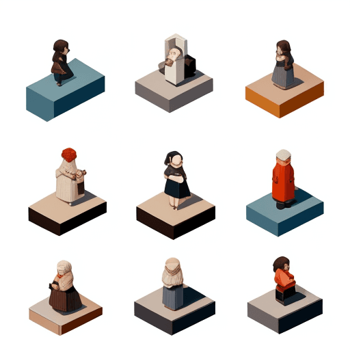 AI generated: a series of [people] are shown in isometric fashion, in the style of small brushstrokes, white backg...