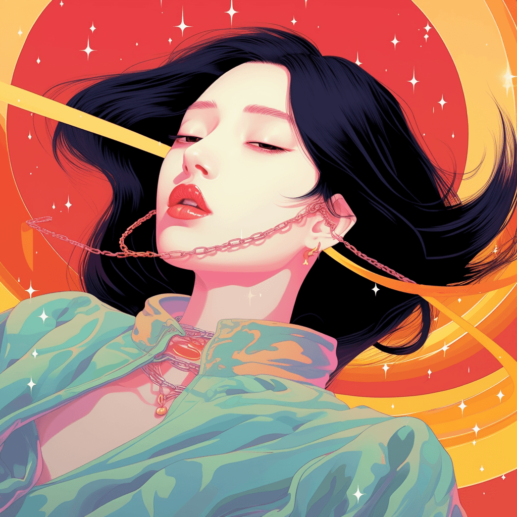 AI generated: a cool asian girl with thin lips and a dark lying down necklace