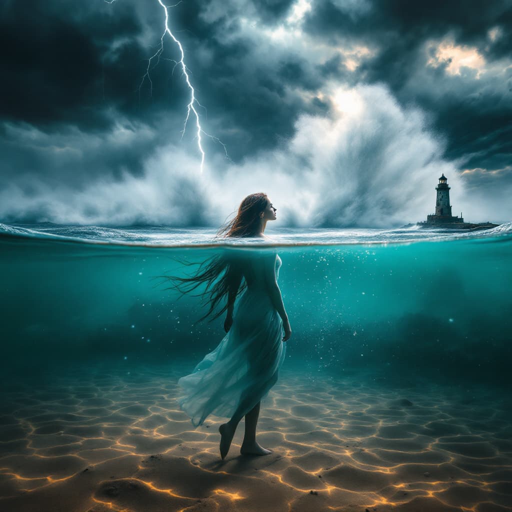 AI generated: A cinematic split-frame composition where the lens is half-submerged underwater. Below the surface, ...