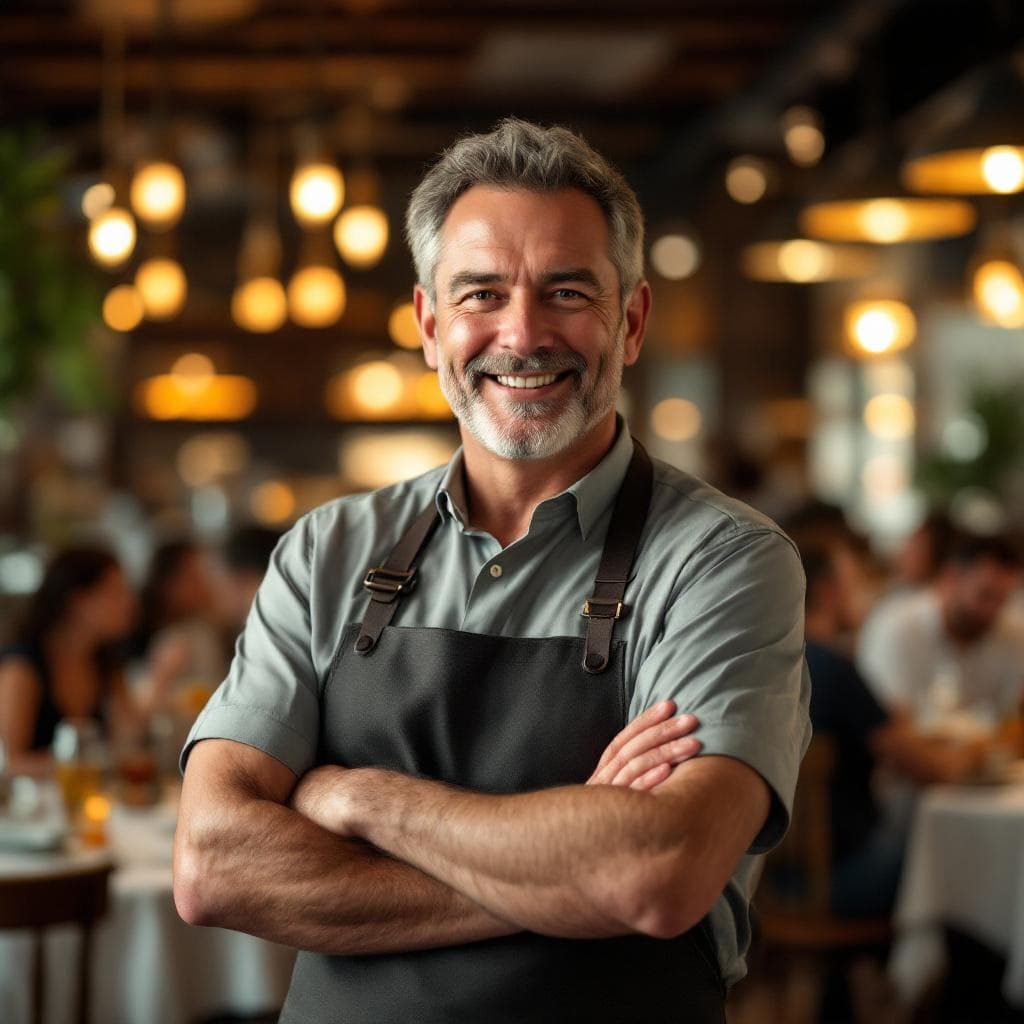 AI generated: "Hyper realistic photograph of a middle-aged restaurant owner standing confidently in his bustling r...