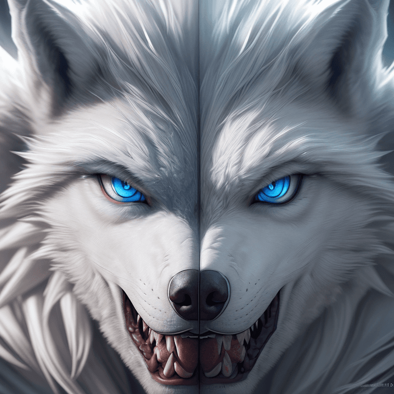 AI generated: A stunningly intricate close up portrait of a couple with a white werewolf with blue eyes, with adva...