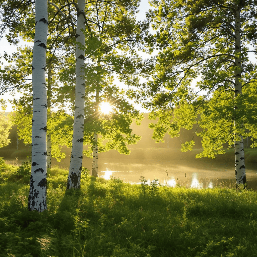 AI generated: Norwegian park with hanging birches, pine, water, grass, morning light, backlight
