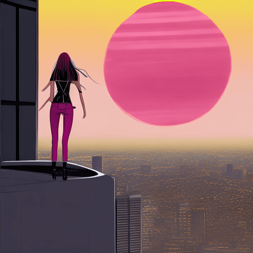 AI generated: Realistic back beautiful long pink hair supermodel girl looking a solar eclipse in downtown Los Ange...