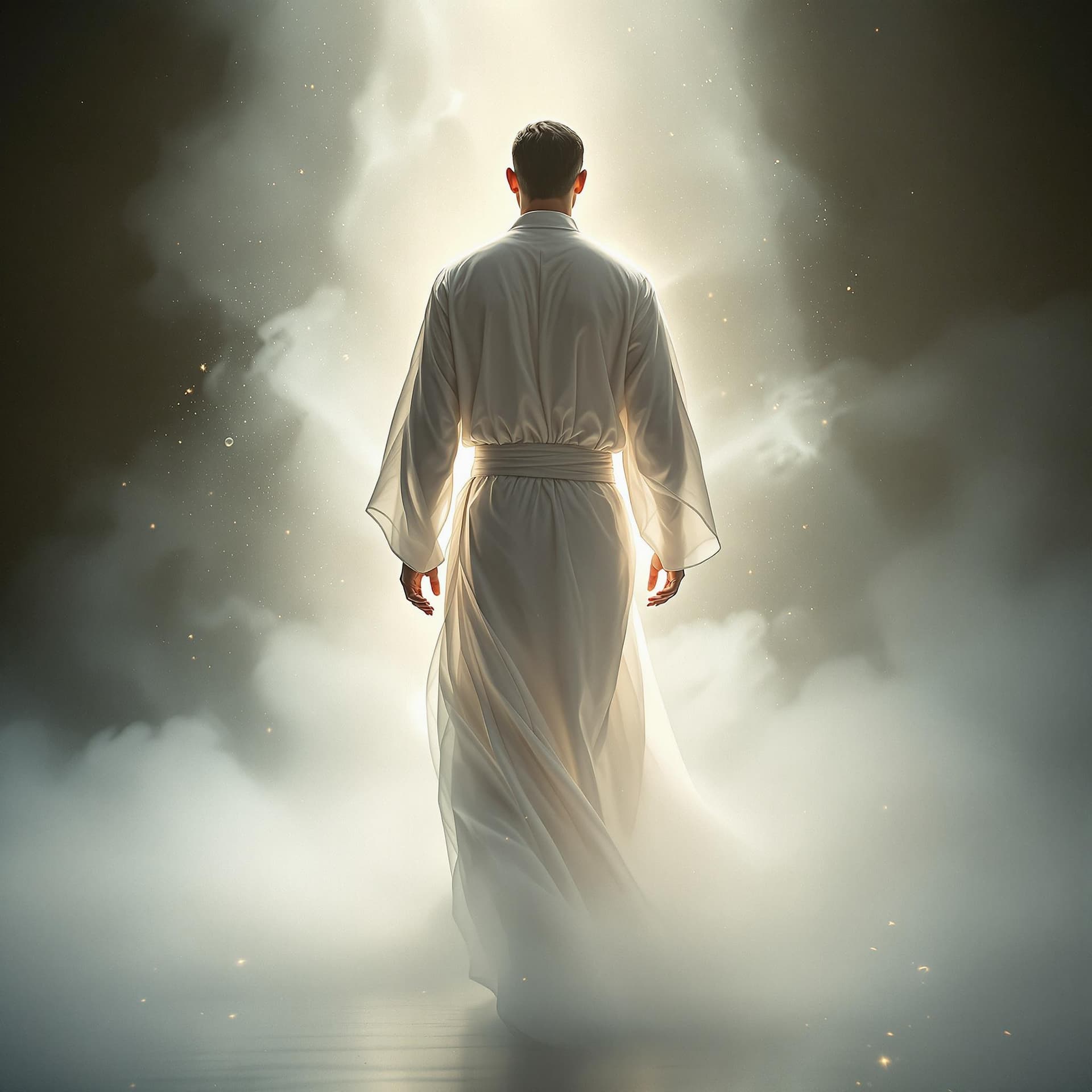 AI generated: A fine art, hyper-realistic, cinematic image of a man wearing a white long cotton robe with a sash, ...