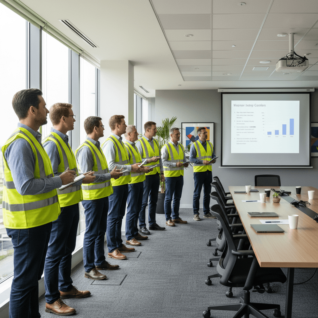 AI generated: "A realistic shot of a group of men standing in a line, wearing bright yellow fluorescent security v...