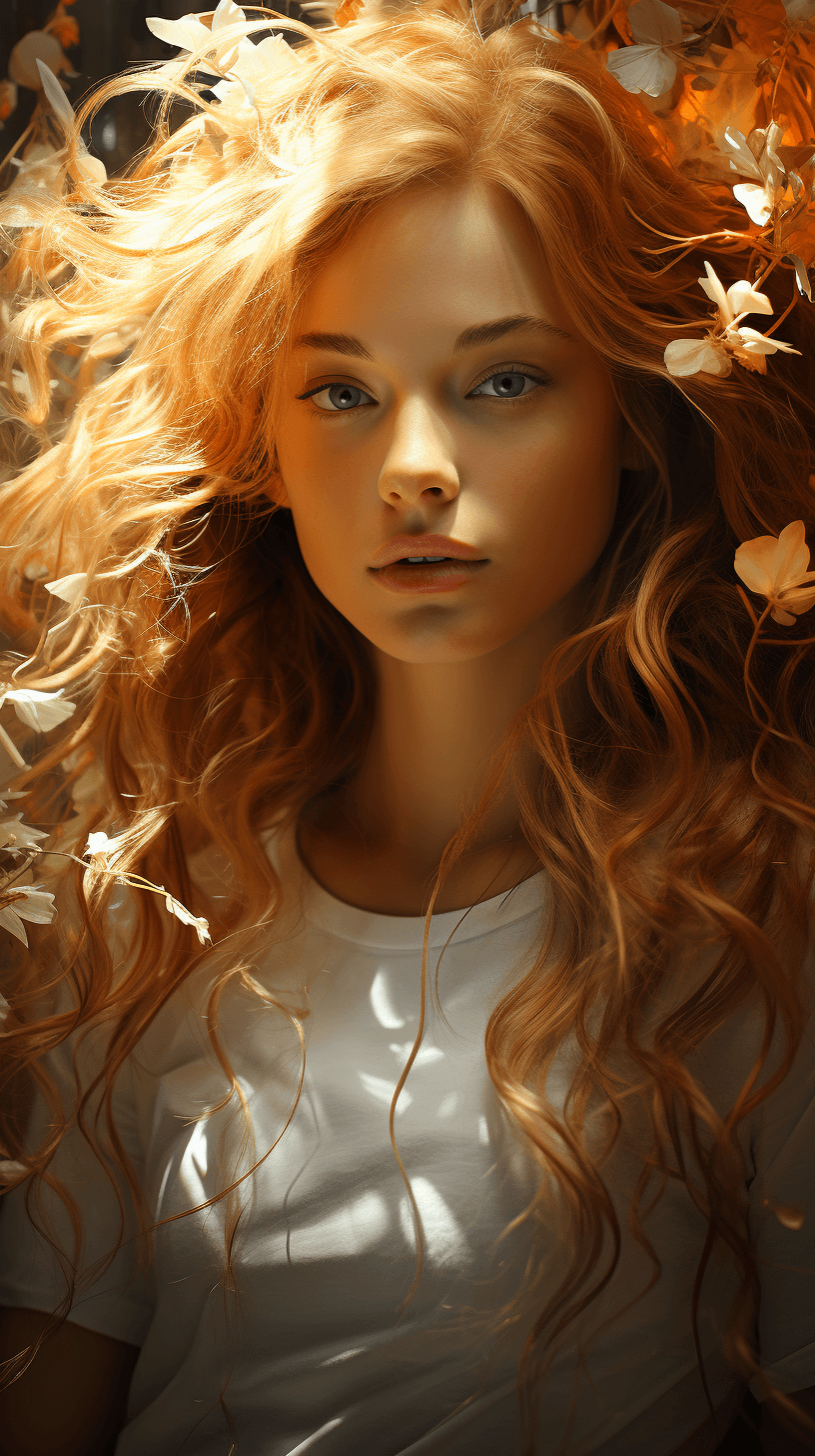 AI generated: a woman with long hair in white, in the style of enigmatic tropics, fantastic realism, light brown a...