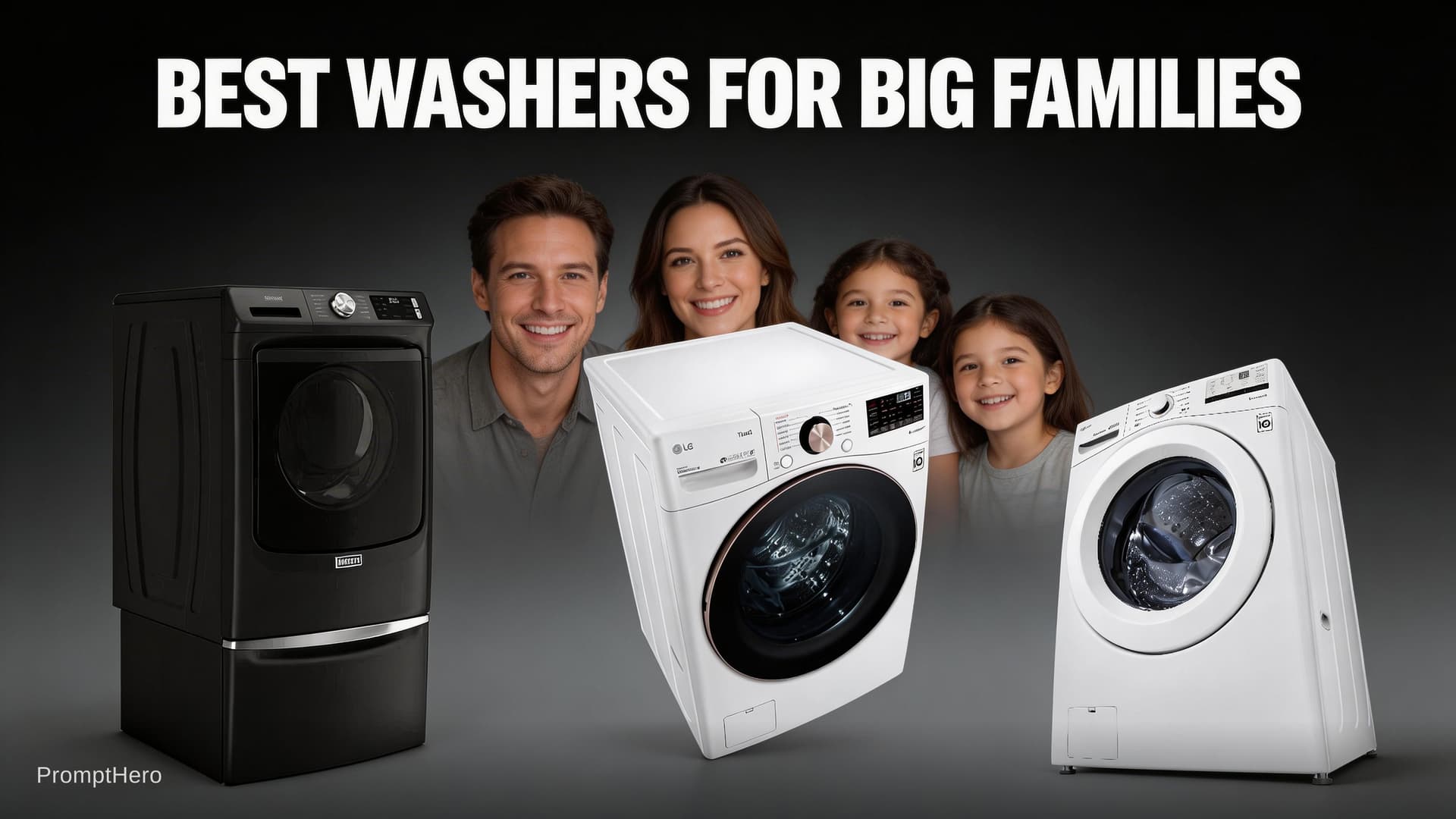 AI generated: Make a youtube thumbnail dark grey gradient color background. Title: BEST WASHERS FOR BIG FAMILIES. ...