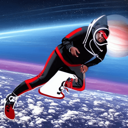 AI generated: a Blackman in a white ski mask and is wearing white track suit, with a nasa logo on his tracksuit, r...