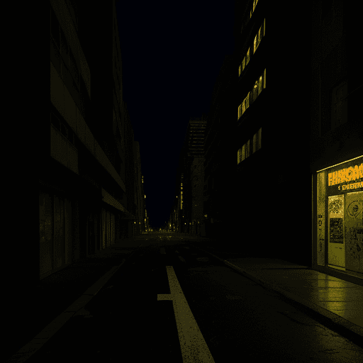 AI generated: Wide angle, street level, deserted street, night, dramatic light art by Jean Michel Basquiat
