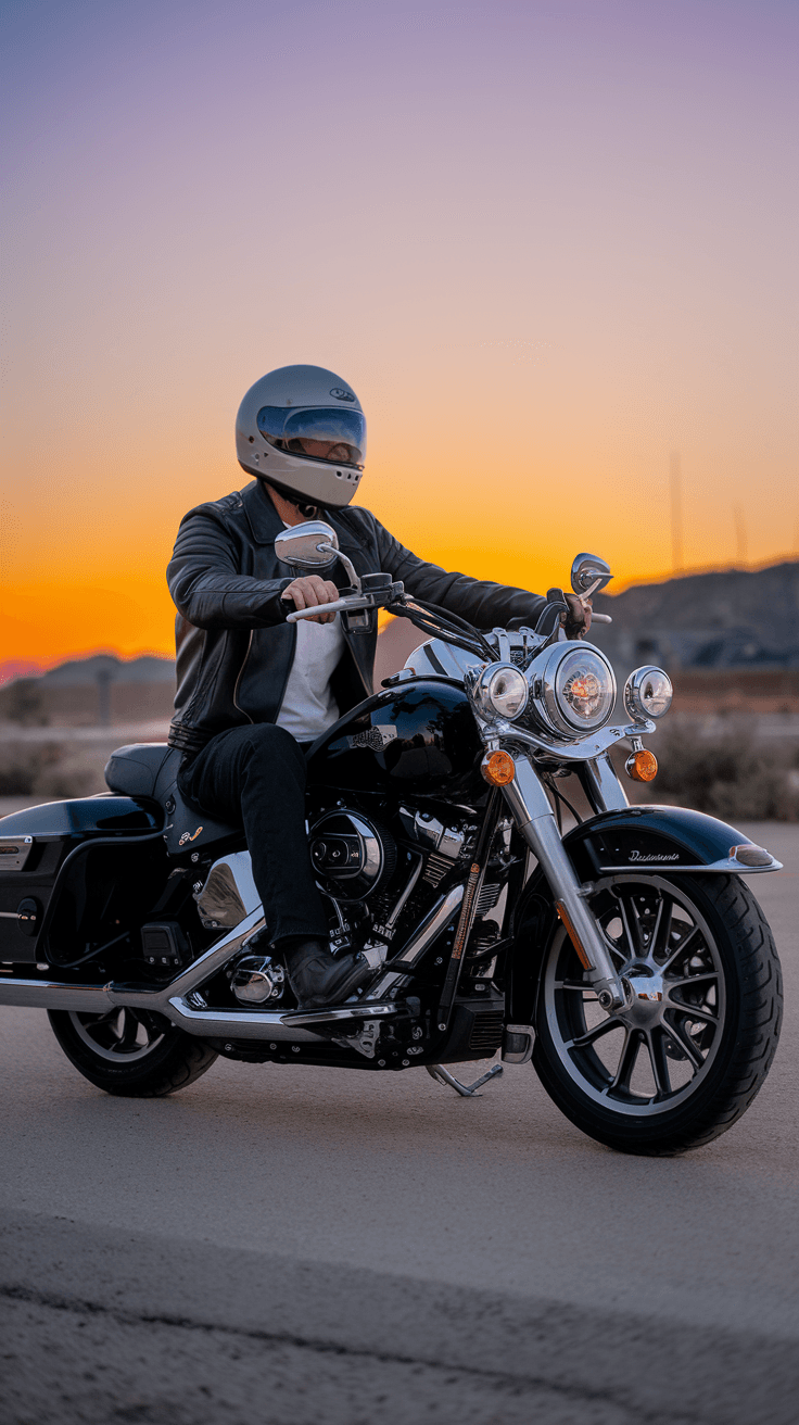 AI generated: picture ultra realistic biker on a harley davidson motorcycle on the road 66 sunset side view --ar 4...