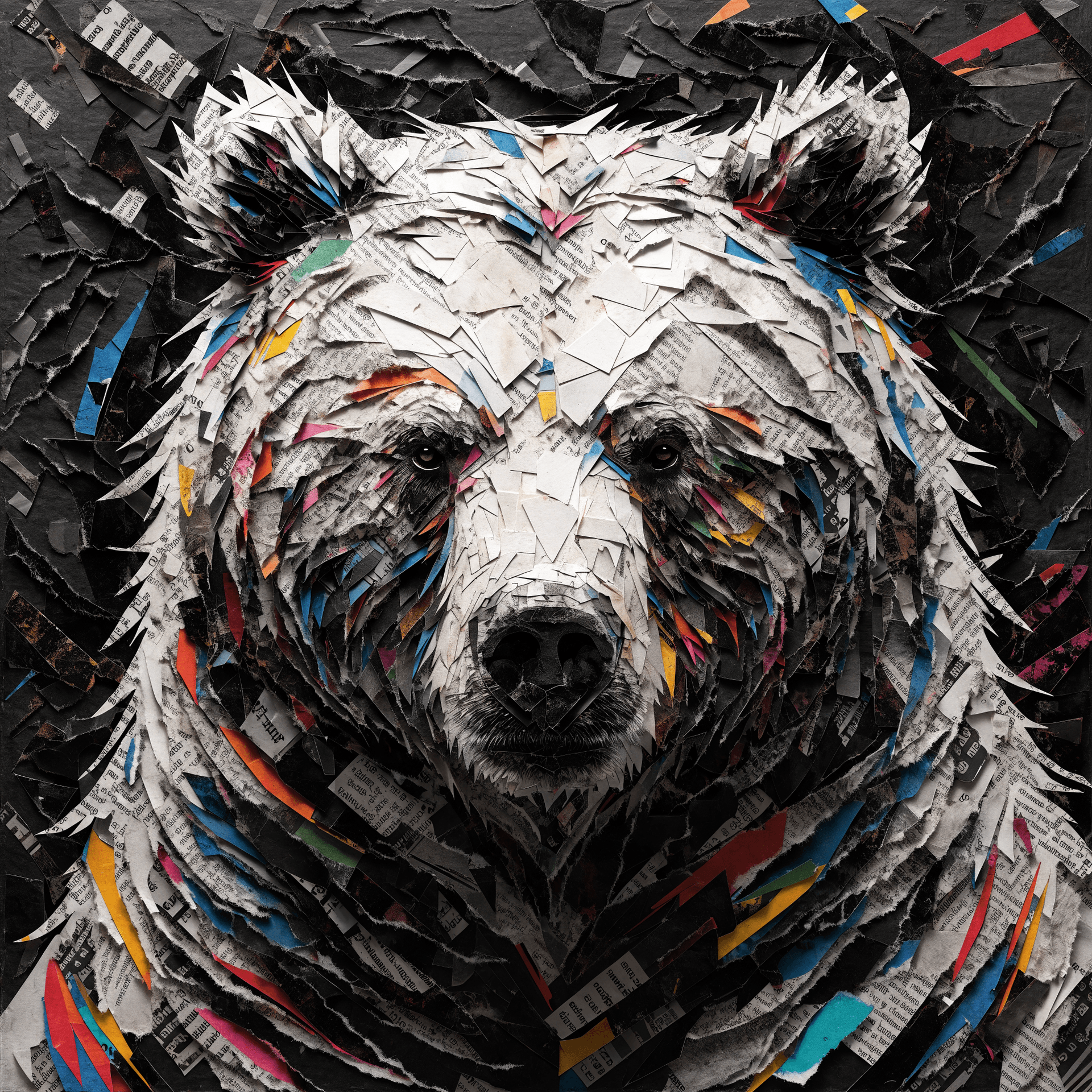 AI generated: A portrait of a great grizzly bear, format 1:1, TECHNICAL STYLE PROMPT: Multi-layered torn and cut p...