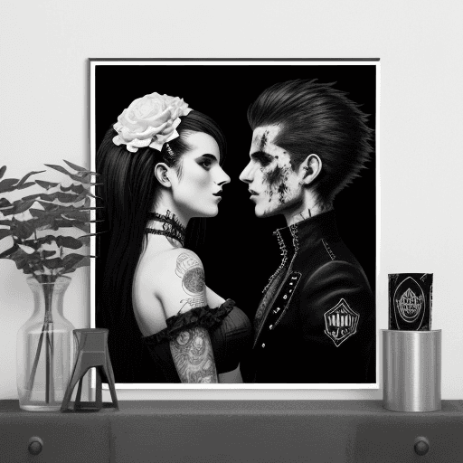 AI generated: deux tête de mort de profile face à face amoureux en noir et blanc Gothique Punk Rock Badass Cool Ar...