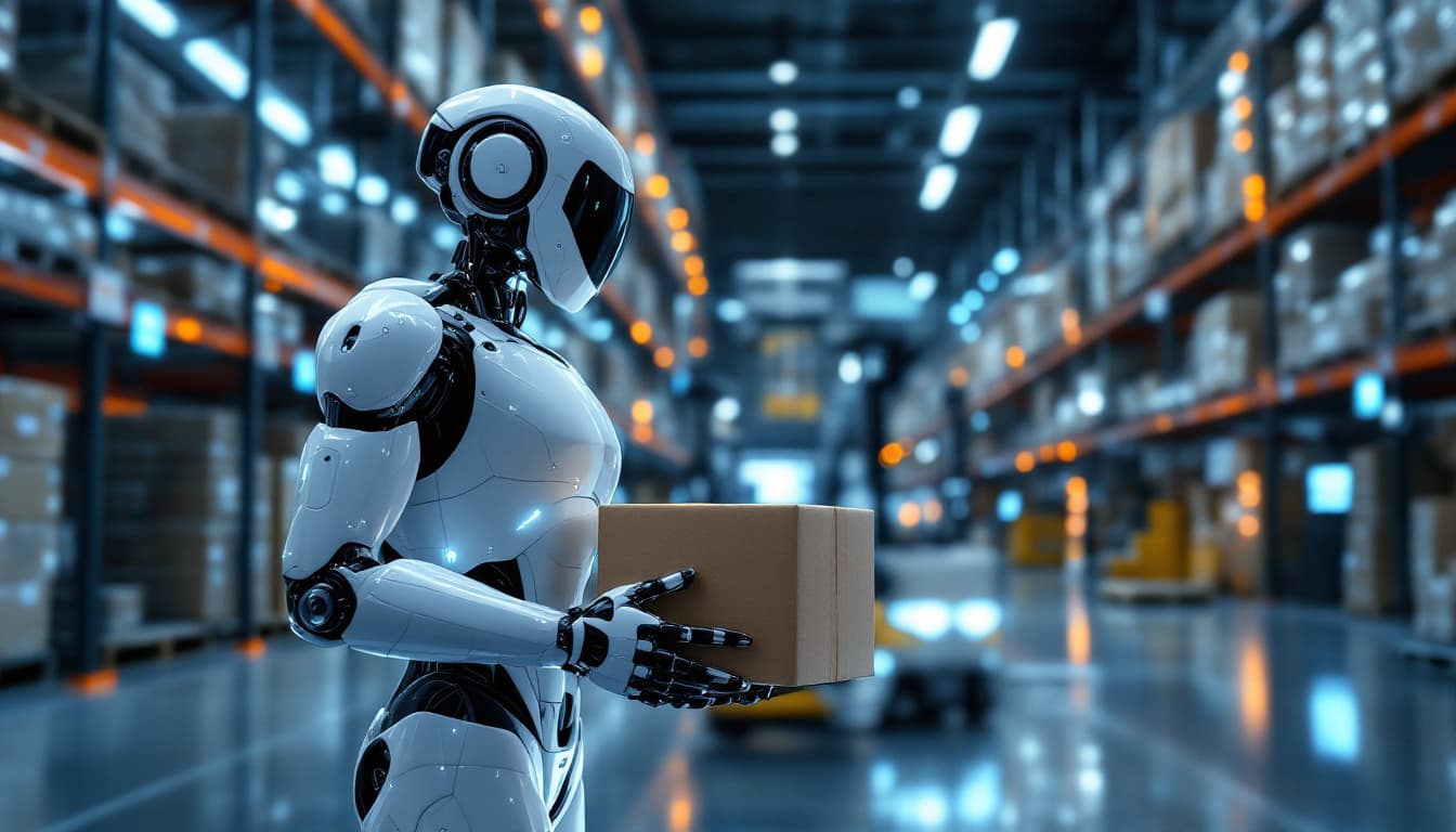 AI generated: A futuristic robotic warehouse worker carrying a package in a sleek, high-tech warehouse. Advanced a...