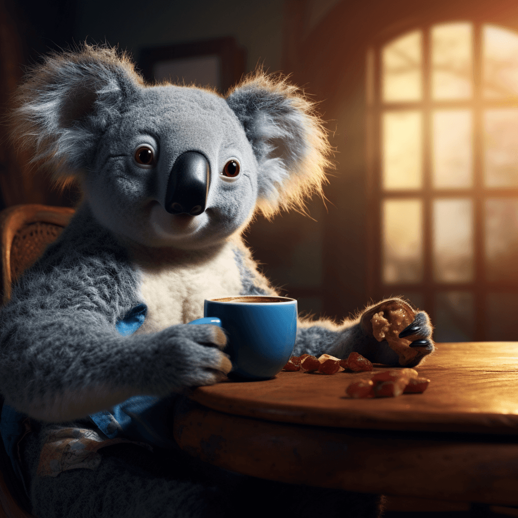 AI generated: blue koala as a muppet, spongy texture, having a coffee on a wooden table, classic living room in th...