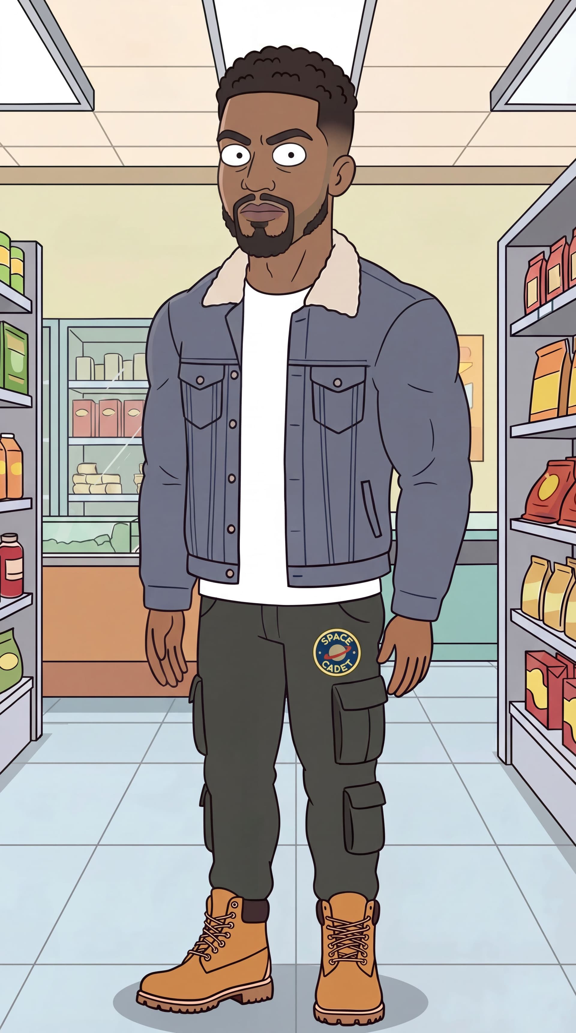 AI generated: a little beard on the sides edges not close to the ears. open eyes wide. Make body more masculine.