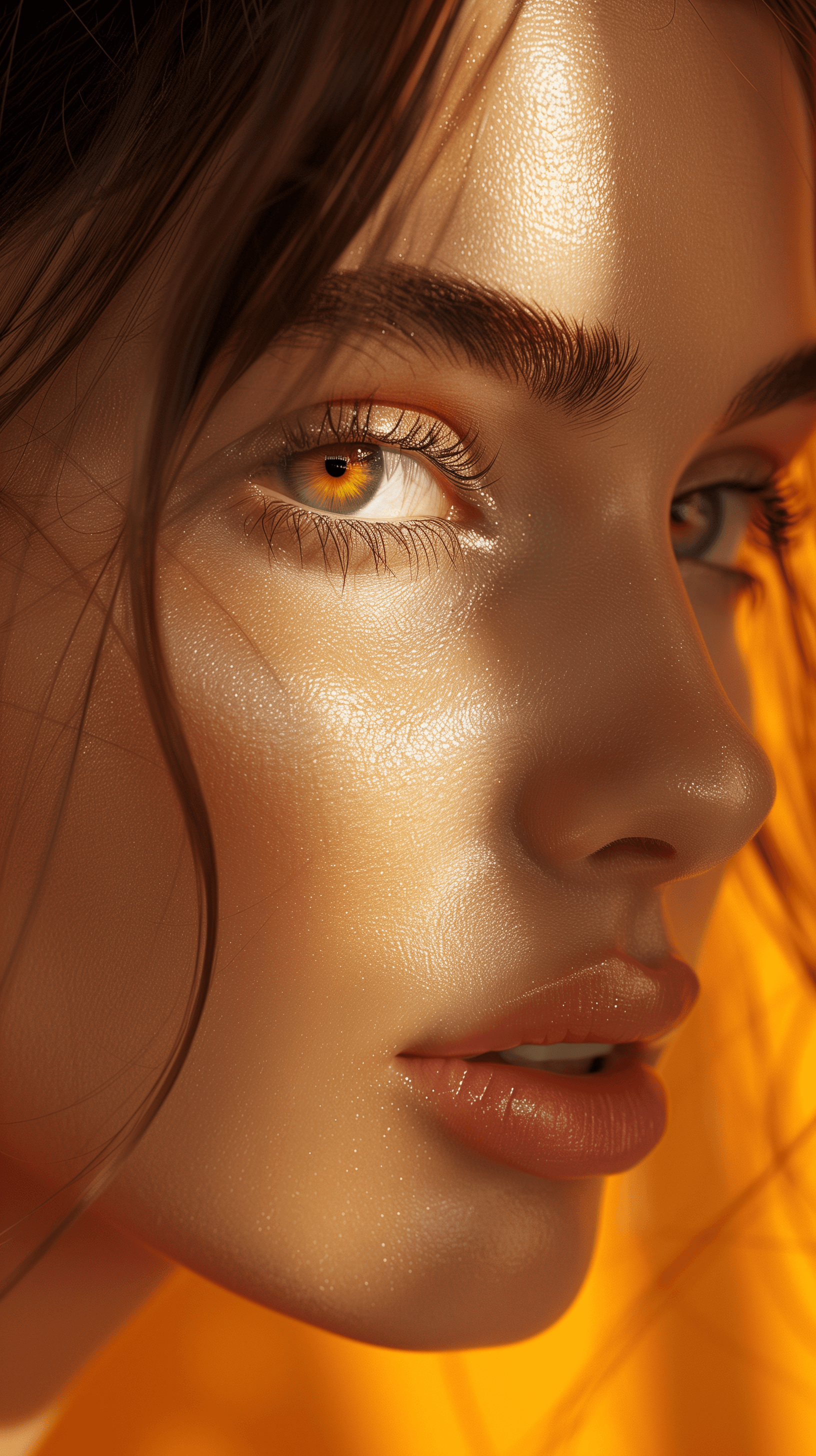 AI generated: photography, front shot, face close-up, professional woman model, gaze, background is solid orange, ...