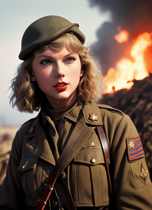 AI generated: Taylor Swift as a female soldier in the trenches, War Photography , Shot on 70mm, Blurry, Agfacolor,...