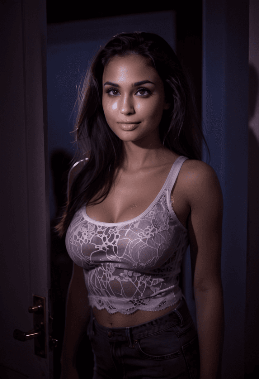 AI generated: This is a photograph of a sexy woman with long dark brunette hair and dark seductive eyes that are s...