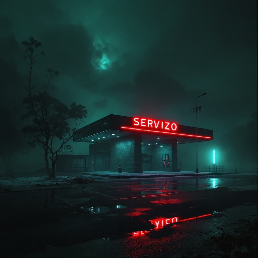 AI generated: Uma estação de serviço isolada, envolta em névoa, com um letreiro luminoso vermelho, reminiscente do...