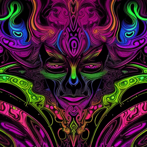 AI generated: psychedelic background, vibrant color against a black background, fine line details, glow in the dar...