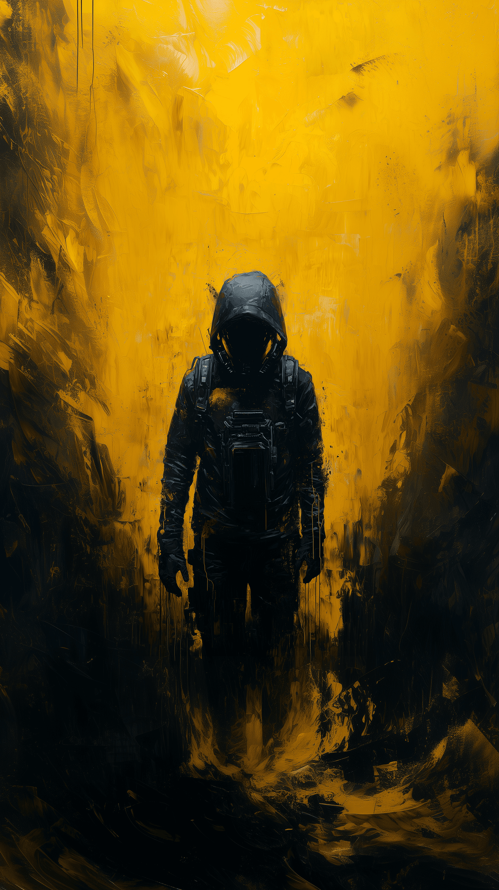 AI generated: dystopian, full-body framed, oil painting, raw, heavily brushed, sci-fi mechanical blend of human te...