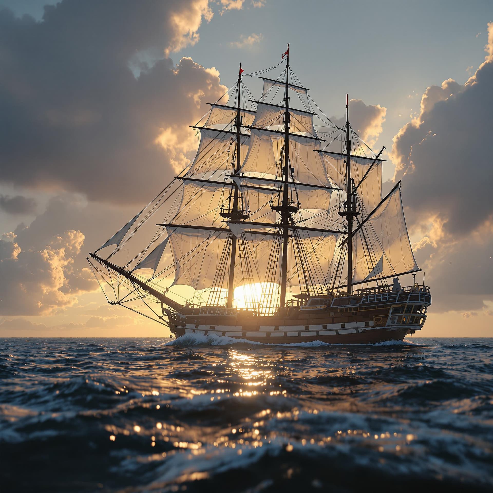 AI generated: Photo of a ultra realistic sailing ship, dramatic light, pale sunrise, cinematic lighting, battered,...