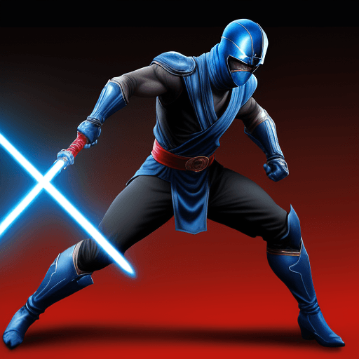 AI generated: a tall black and blue ninja that looks like sub-zero with a sword and red belt, who is up against a ...
