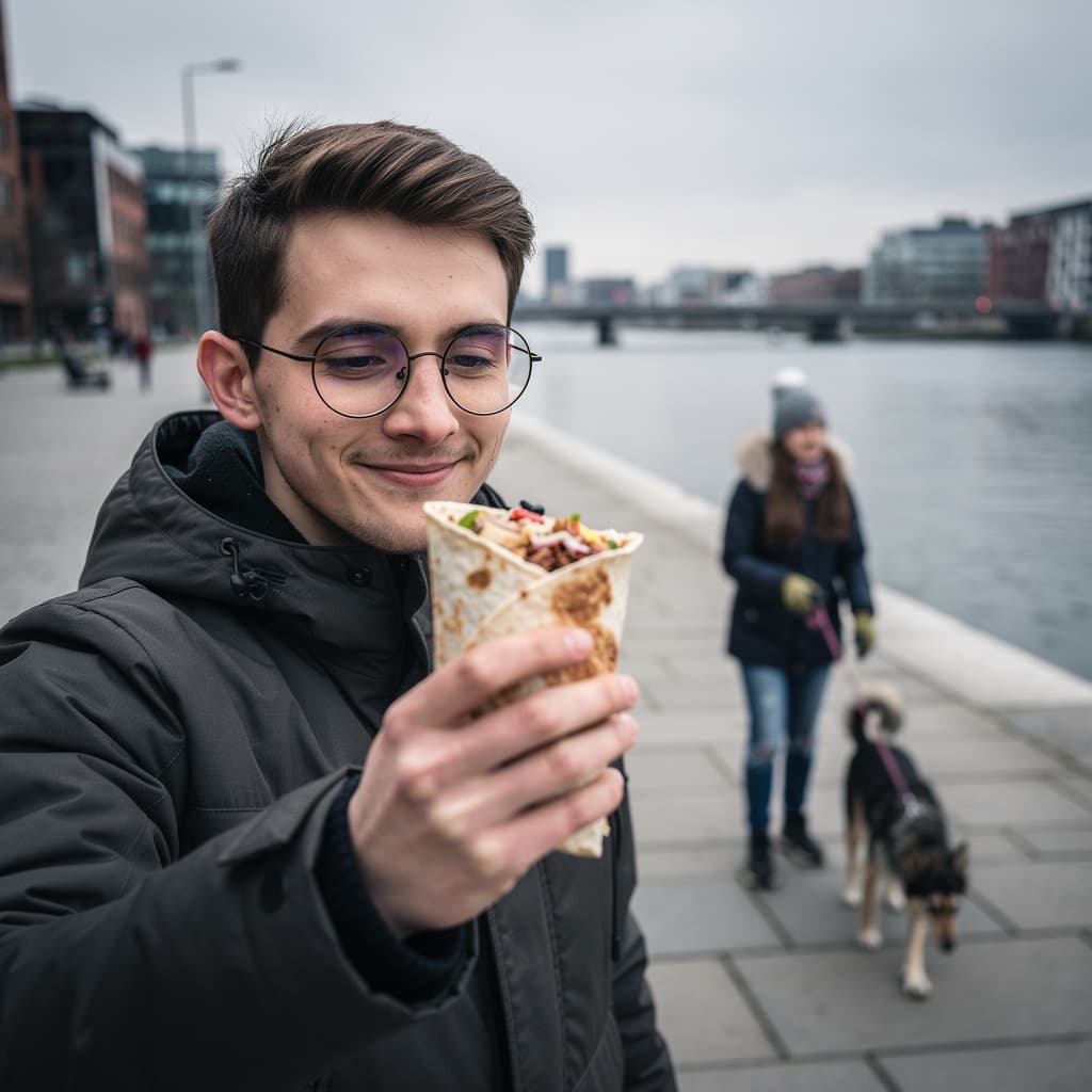 AI generated: a realistic cinematic selfie-style image shot in vertical 9:16 format. A young man is holding a larg...